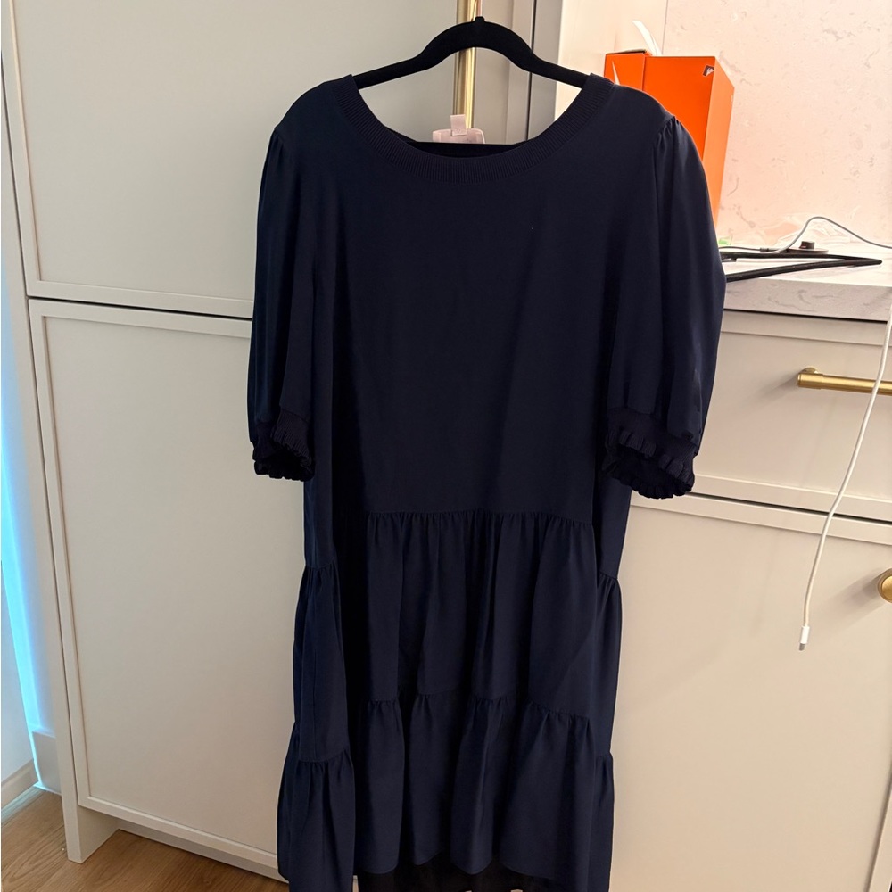 Cinq a Sept Navy Tiered Puff Sleeve Dress